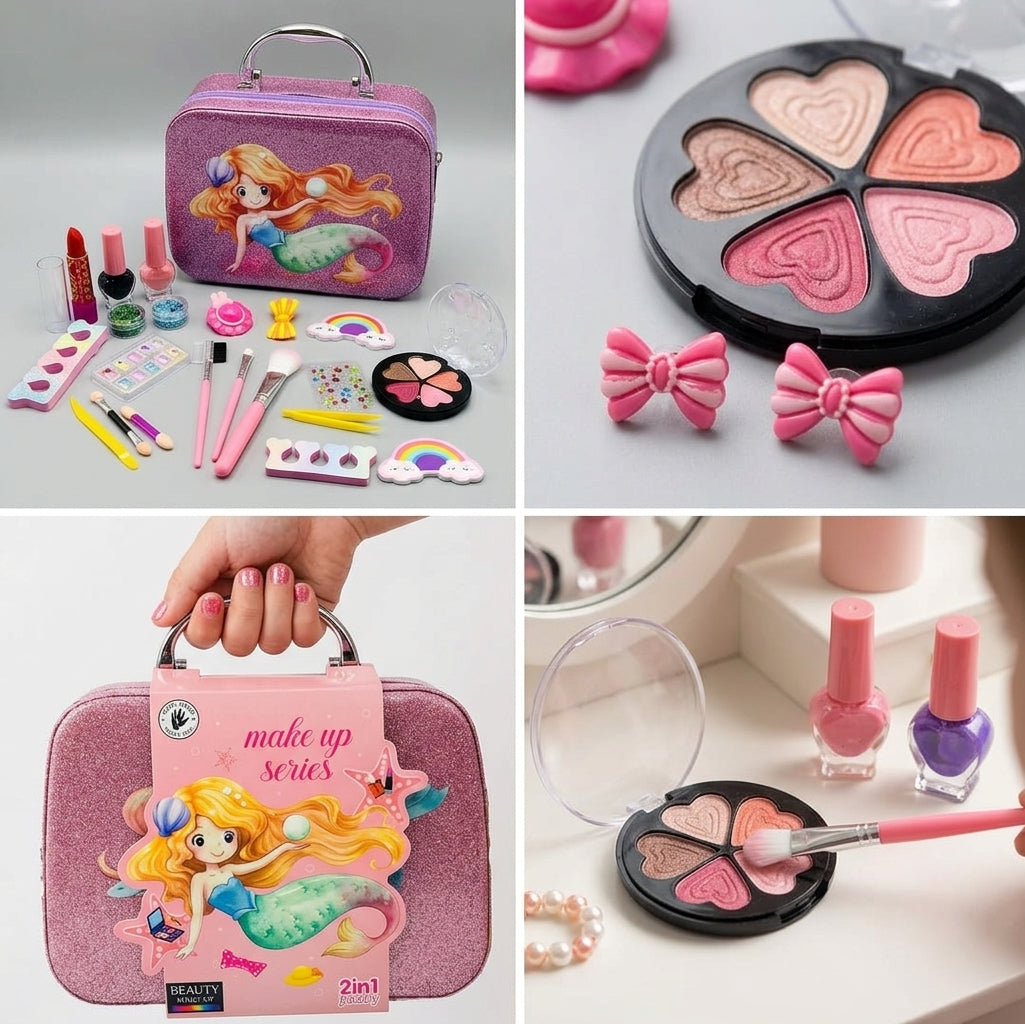 2-in-1 Mermaid Beauty Makeup & Nail Art Bag for Kids | Washable Cosmetic Kit