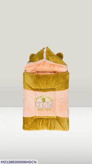 Baby Bear Hooded Swaddle Blanket – Mustard & Peach Cotton Velvet Newborn Sleep Sack