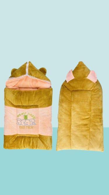 Baby Bear Hooded Swaddle Blanket – Mustard & Peach Cotton Velvet Newborn Sleep Sack