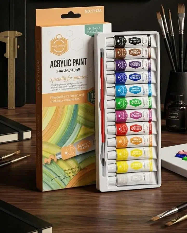 Acrylic Color Paints Set (12 Tubes) | Non-Toxic Art Painting Kit with Brush