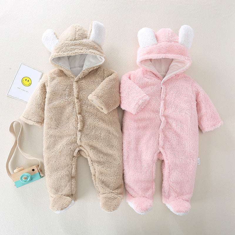Baby Fleece Climb Suit Pink Beige Bunny Hood Winter
